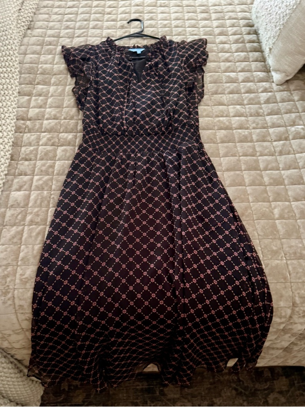 Draper James Black Midi Dress with Pink Lattice Print